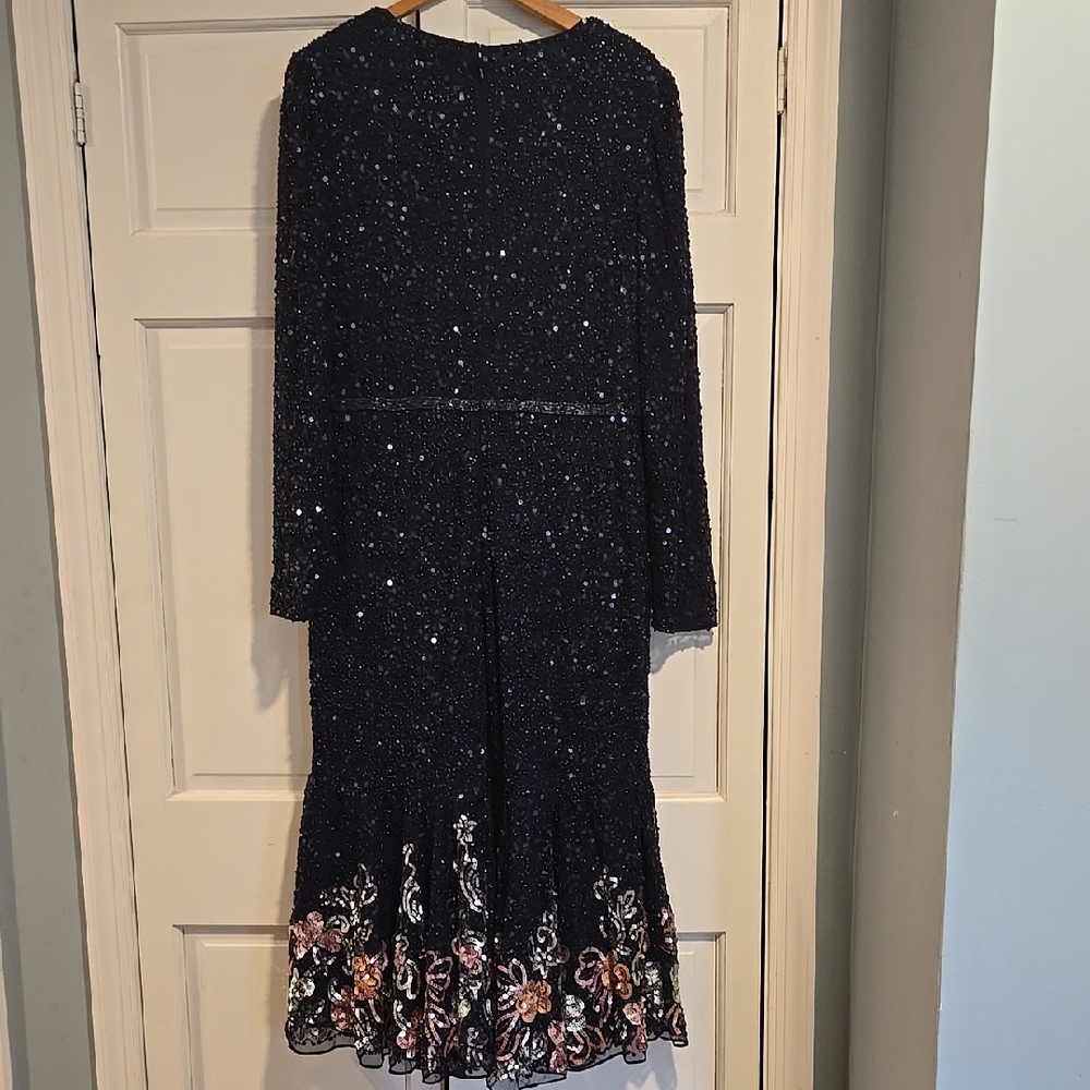 Mac Duggal Navy Long-Sleeve Sequin Evening Dress with Floral Hem - Picture 7 of 9